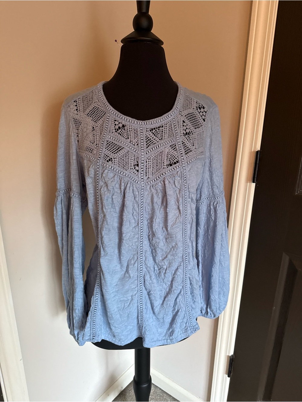Sundance Light Blue Crochet Yoke Long Sleeve Blouse